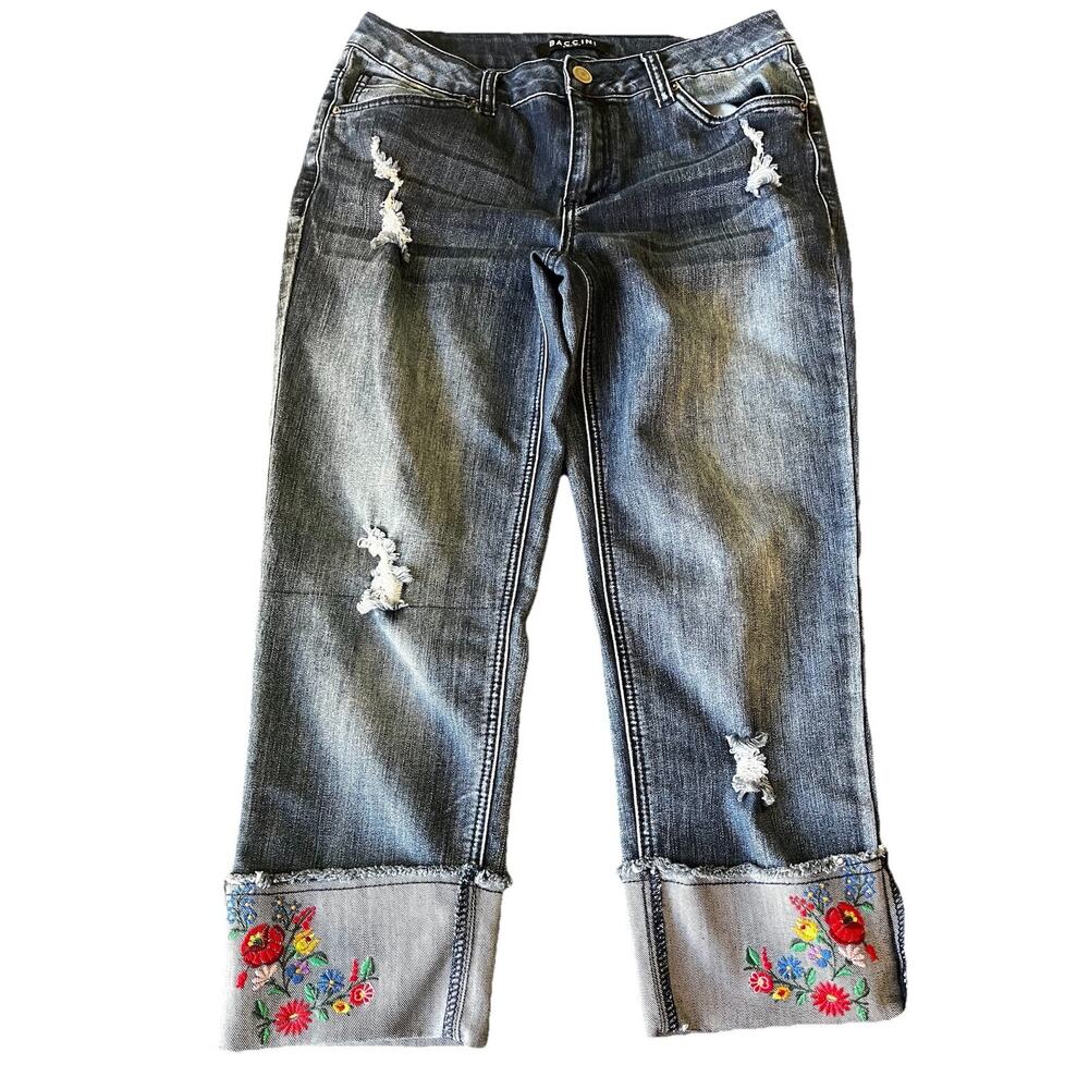 Baccini Women’s Jeans 8P Petite Distressed Embroidered Floral Boho Denim Cuffed
